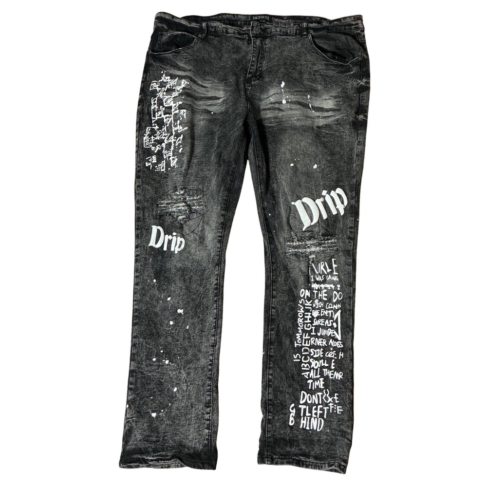 Encrypted Mens Distressed Drip Graffiti Jeans Acid Wash 48x34 E1021190-8W-F24